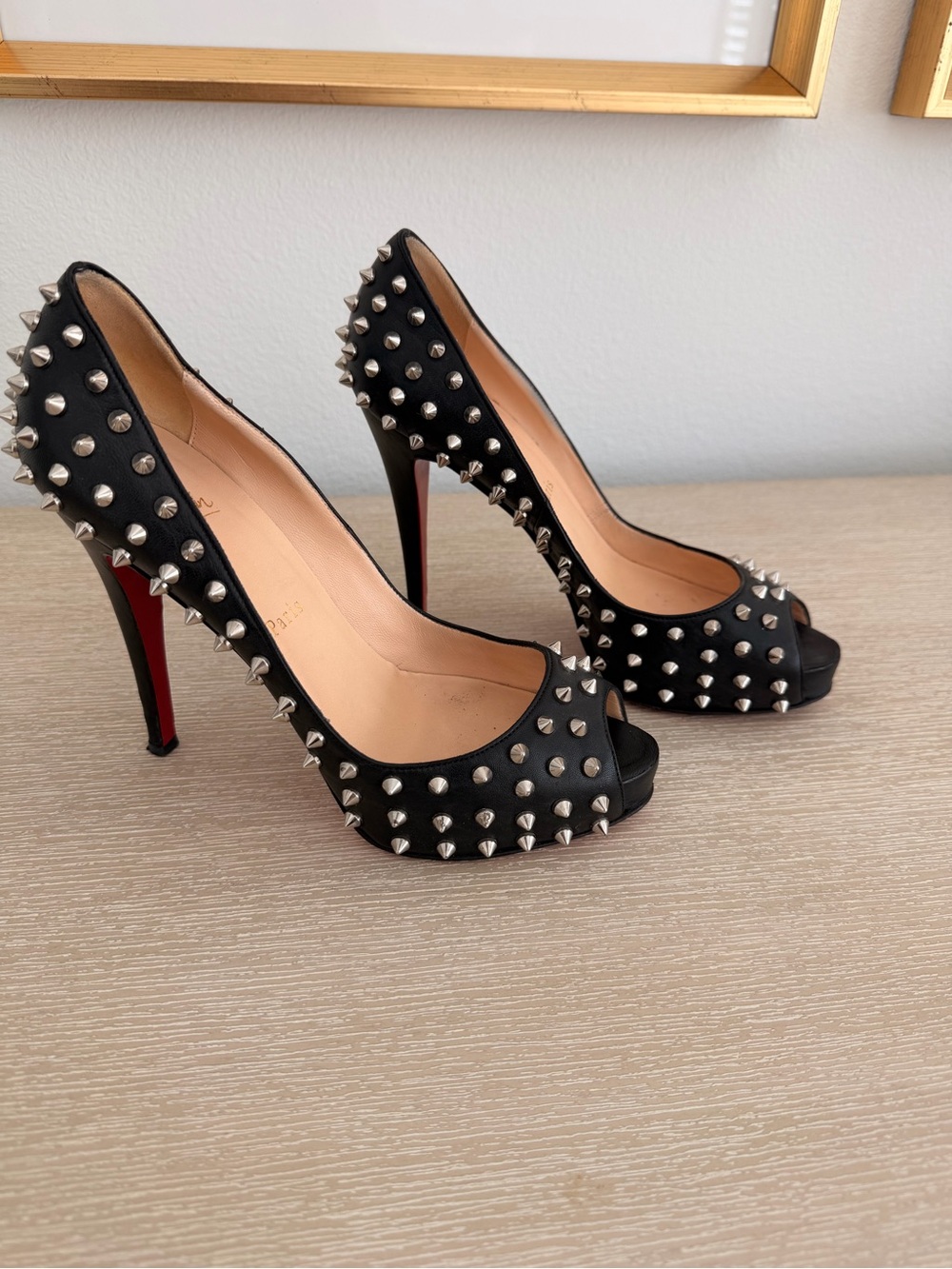 Christian Louboutin Black Studded Open-Toe Stilettos with Red Soles